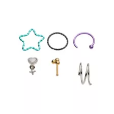 Multi-Pack Pastel Star and Heart Pin and Hoop Dangle Nose Rings 6 Pack - 20 Gauge at Spencer's