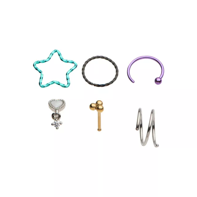 Multi-Pack Pastel Star and Heart Pin and Hoop Dangle Nose Rings 6 Pack - 20 Gauge at Spencer's
