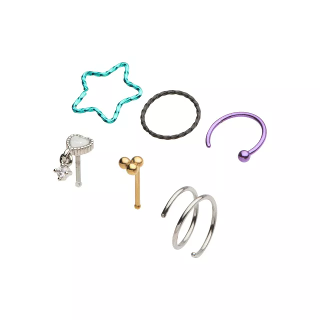 Multi-Pack Pastel Star and Heart Pin and Hoop Dangle Nose Rings 6 Pack - 20 Gauge at Spencer's