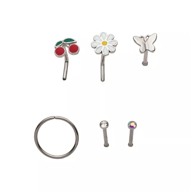 Multi-Pack Butterfly Flower and Cherry L-Bend Nose Rings Nose Pins and Hoop Nose Rings 6 Pack - 20 Gauge at Spencer's