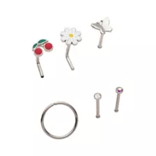 Multi-Pack Butterfly Flower and Cherry L-Bend Nose Rings Nose Pins and Hoop Nose Rings 6 Pack - 20 Gauge at Spencer's