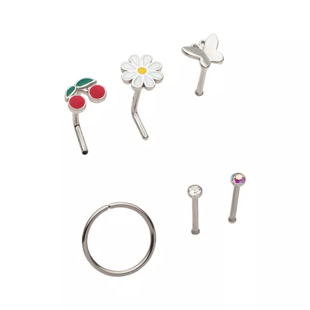 Multi-Pack Butterfly Flower and Cherry L-Bend Nose Rings Nose Pins and Hoop Nose Rings 6 Pack - 20 Gauge at Spencer's