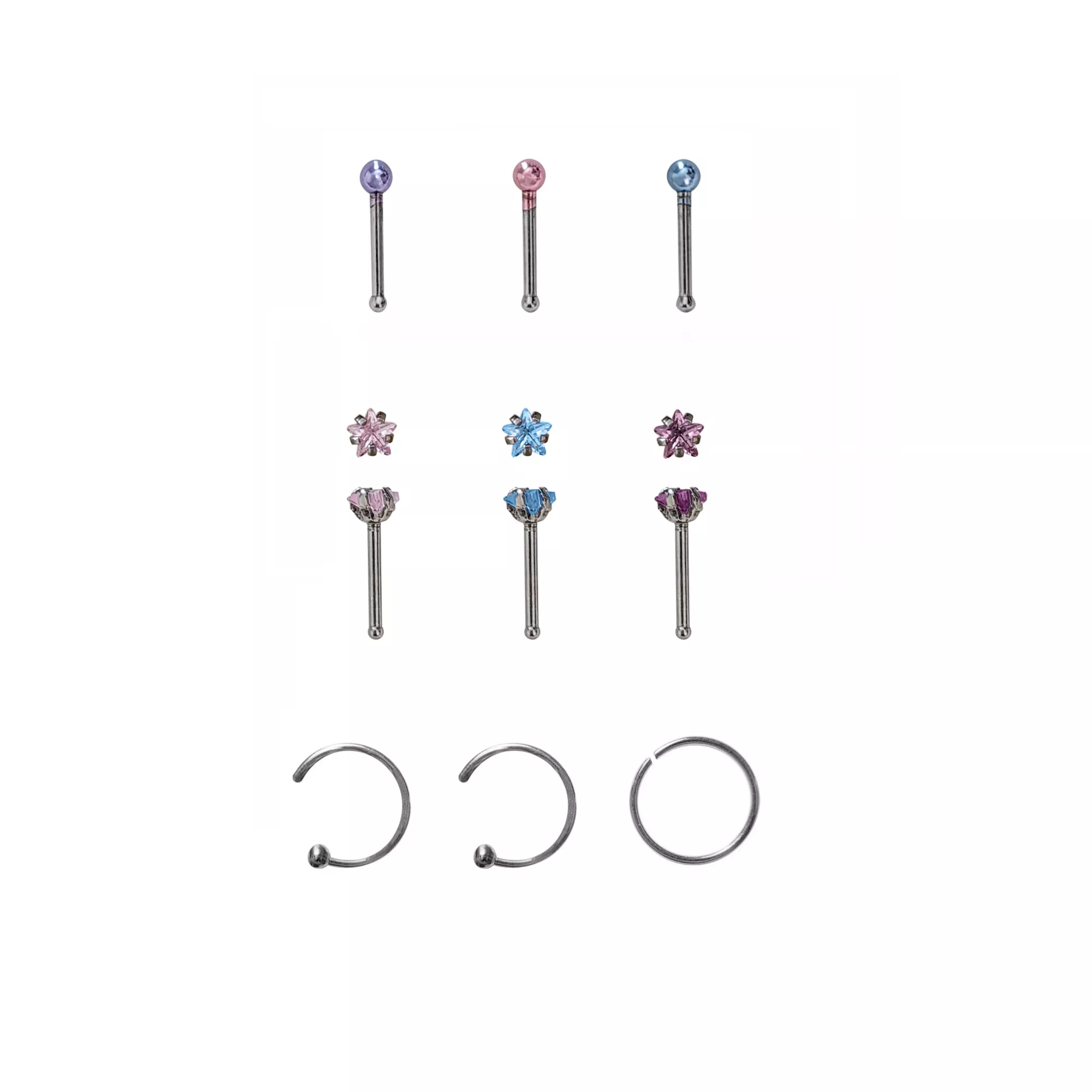 Multi-Pack Pink Blue and Purple Pin Nose Rings and Hoop Nose Rings 9 Pack - 20 Gauge at Spencer's