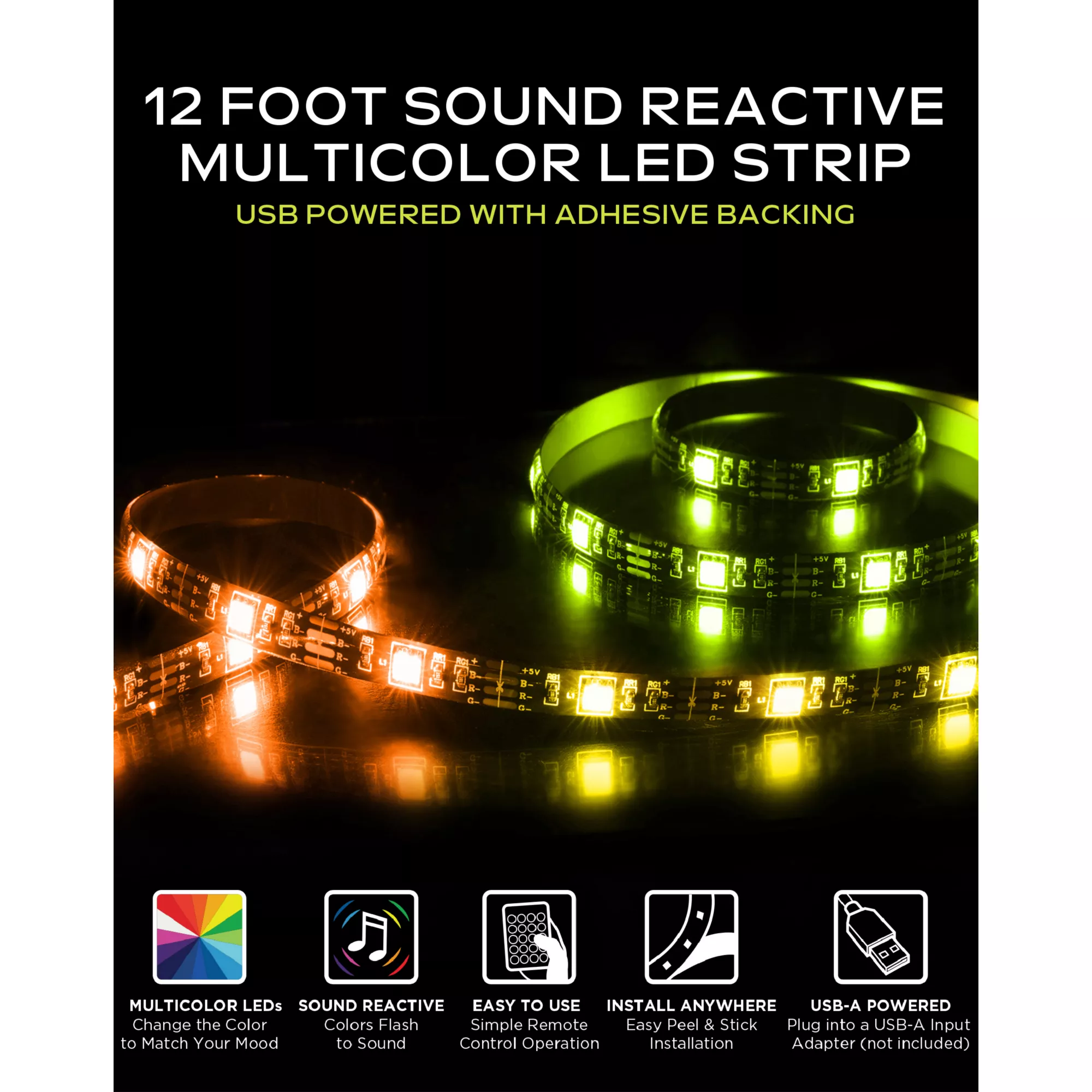 Sound Reactive Multicolor LED Light Strip 12 Feet - Monster at Spencer's