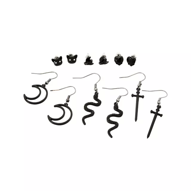 Multi-Pack Black Sword Moon and Snake Dangle and Stud Earrings - 6 Pack at Spencer's