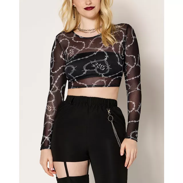 Fuck Off Barbed Wire Mesh Crop Top at Spencer's