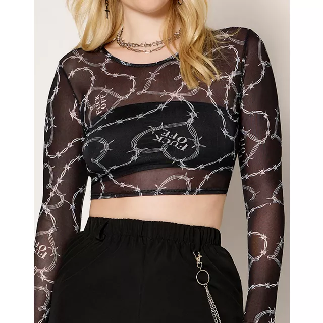 Fuck Off Barbed Wire Mesh Crop Top at Spencer's