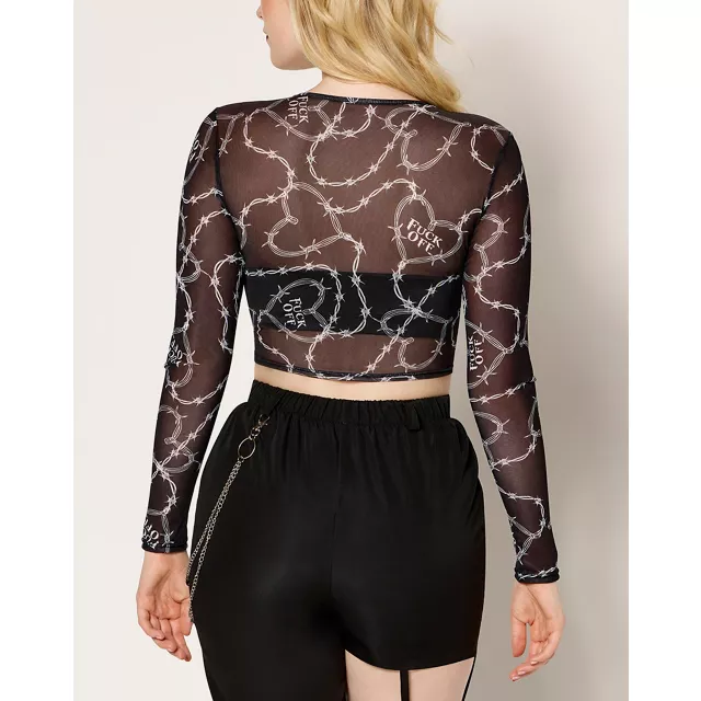 Fuck Off Barbed Wire Mesh Crop Top at Spencer's