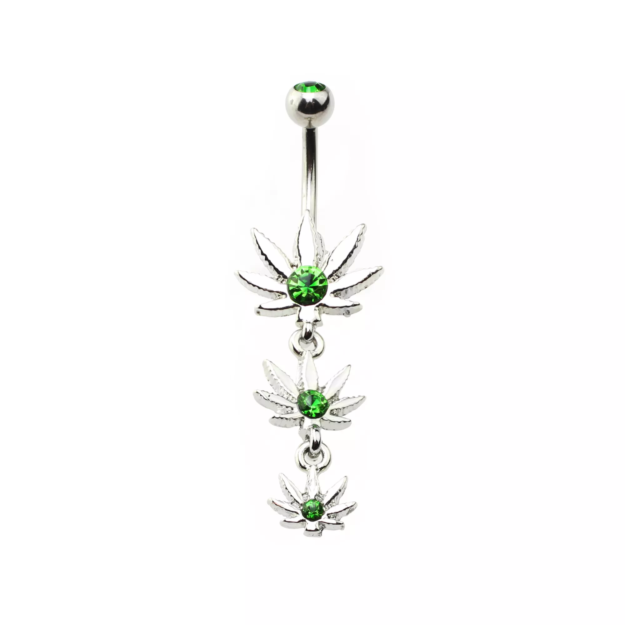 CZ Green Triple Weed Leaf Dangle Belly Ring - 14 Gauge