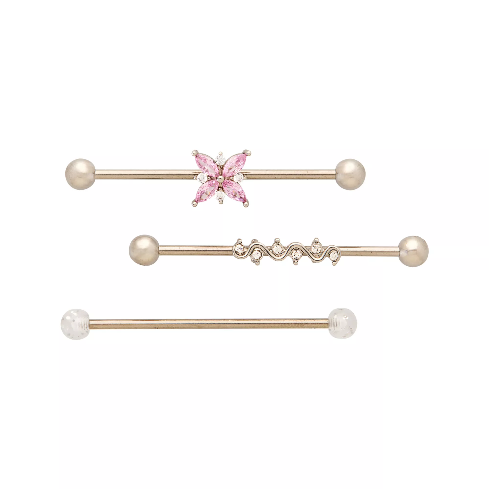 Multi-Pack CZ Pink Pearl-Effect Butterfly Industrial Barbell 3 Pack - 14 Gauge at Spencer's