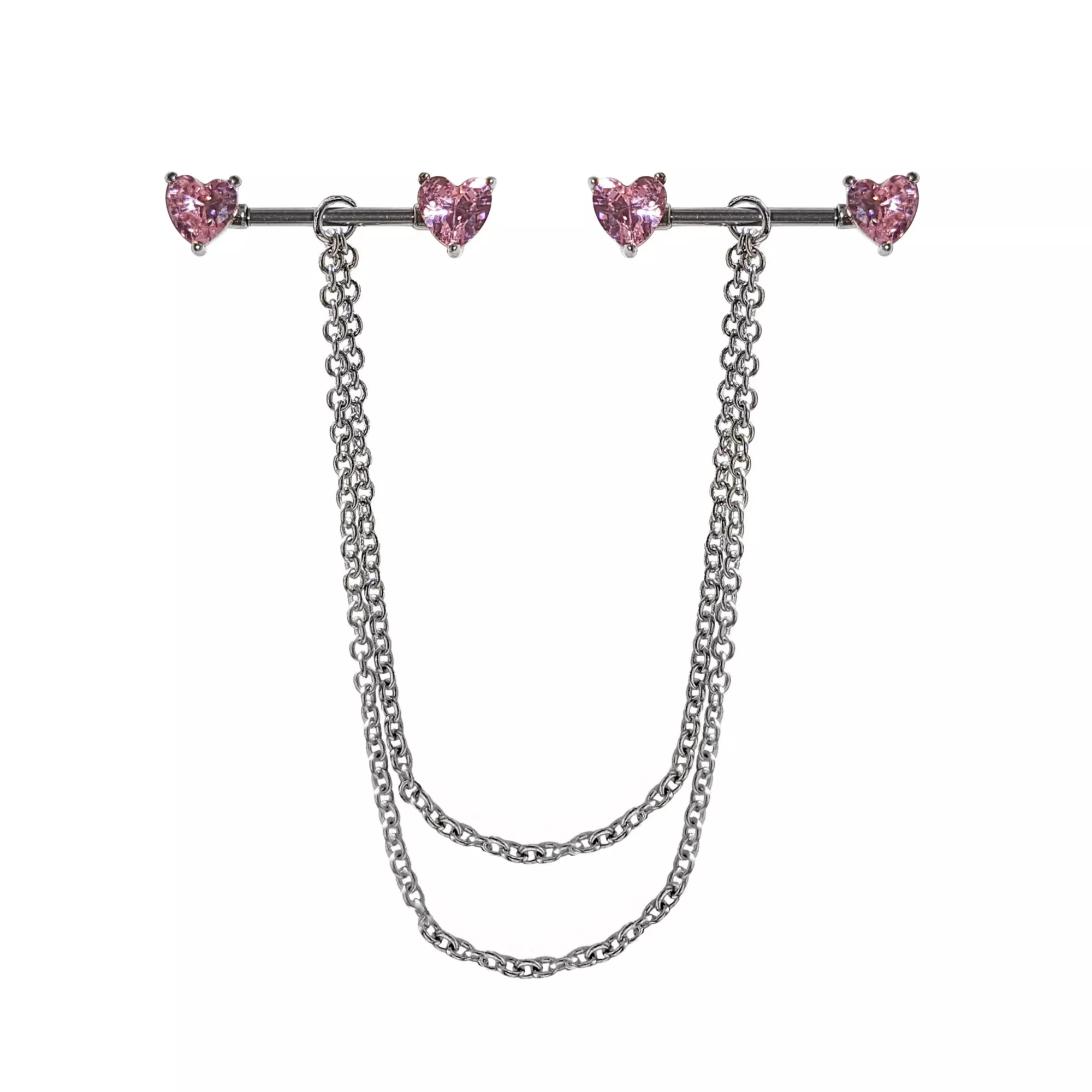 CZ Pink Heart Chain Nipple Barbells - 14 Gauge at Spencer's
