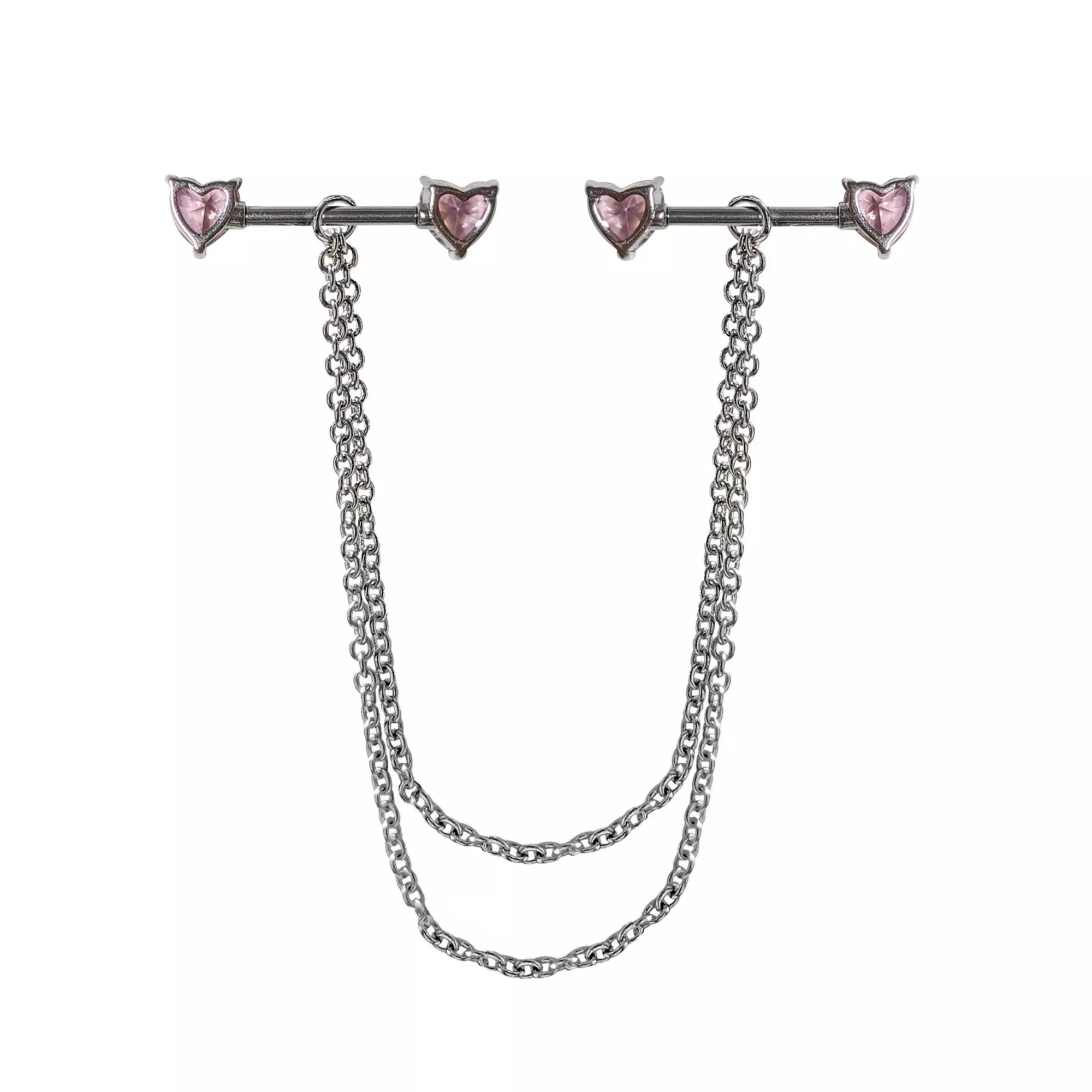 CZ Pink Heart Chain Nipple Barbells - 14 Gauge at Spencer's
