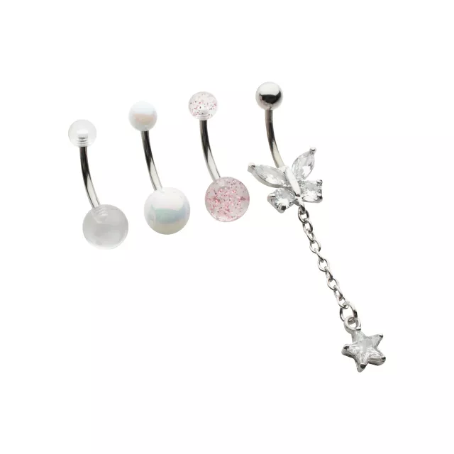 CZ Silvertone Butterfly Dangle and Glitter and Pearl-Effect Belly Rings 4 Pack - 14 Gauge at Spencer's