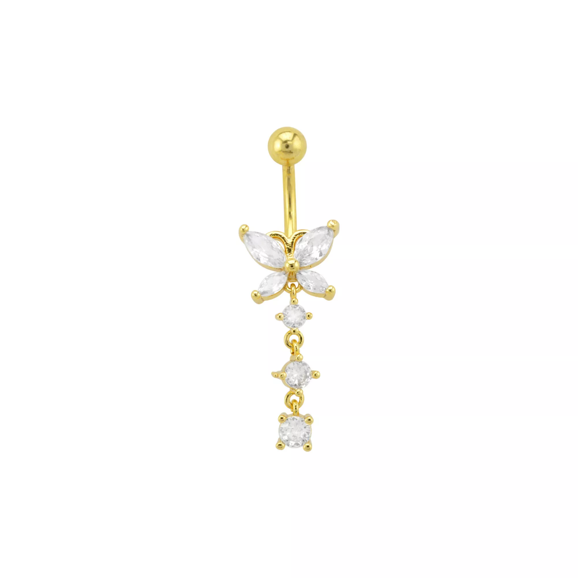 CZ Goldtone Butterfly Triple Gem Dangle Belly Ring - 14 Gauge