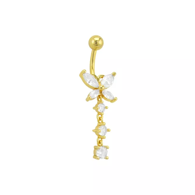 CZ Goldtone Butterfly Triple Gem Dangle Belly Ring - 14 Gauge