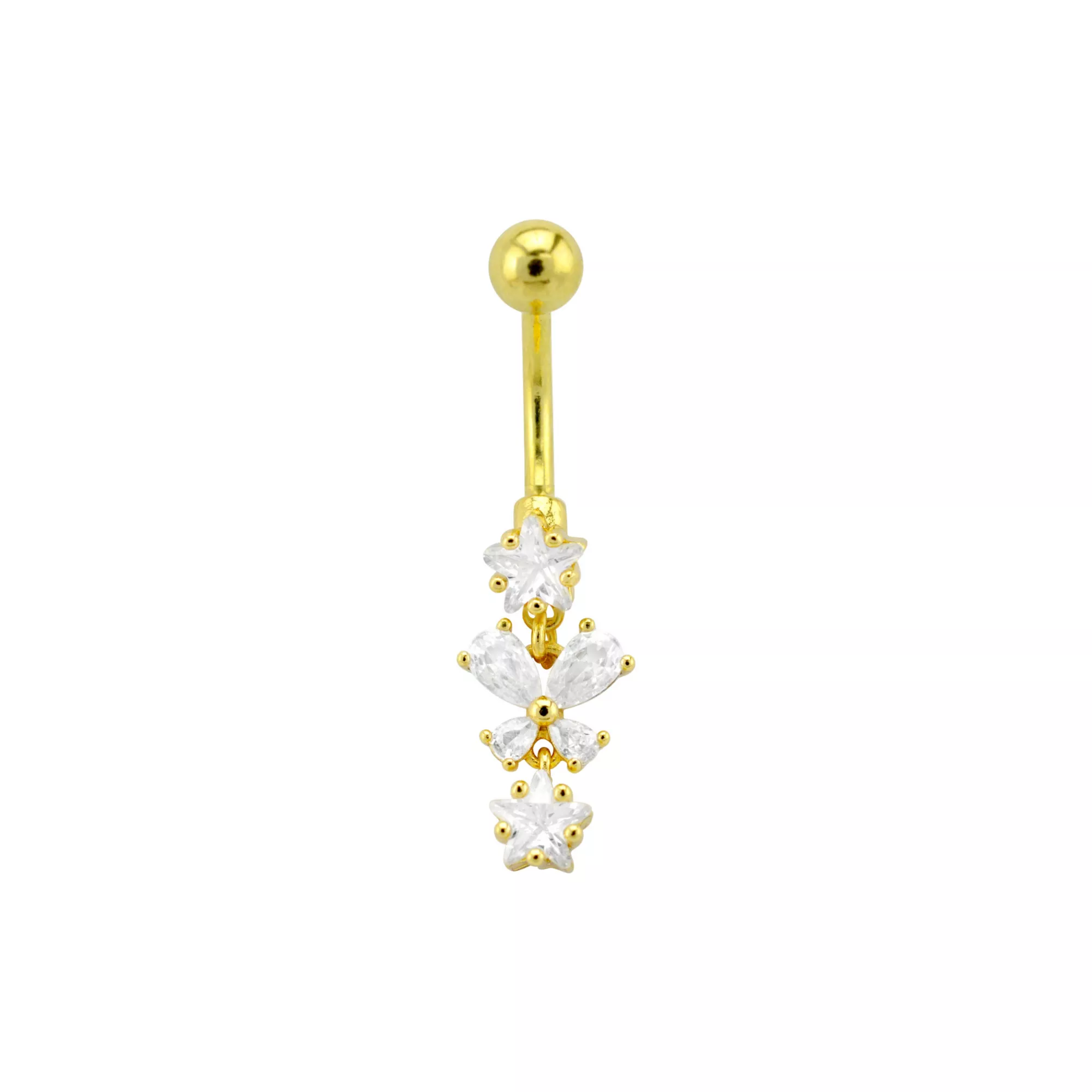 CZ Goldtone Butterfly Star Dangle Belly Ring - 14 Gauge