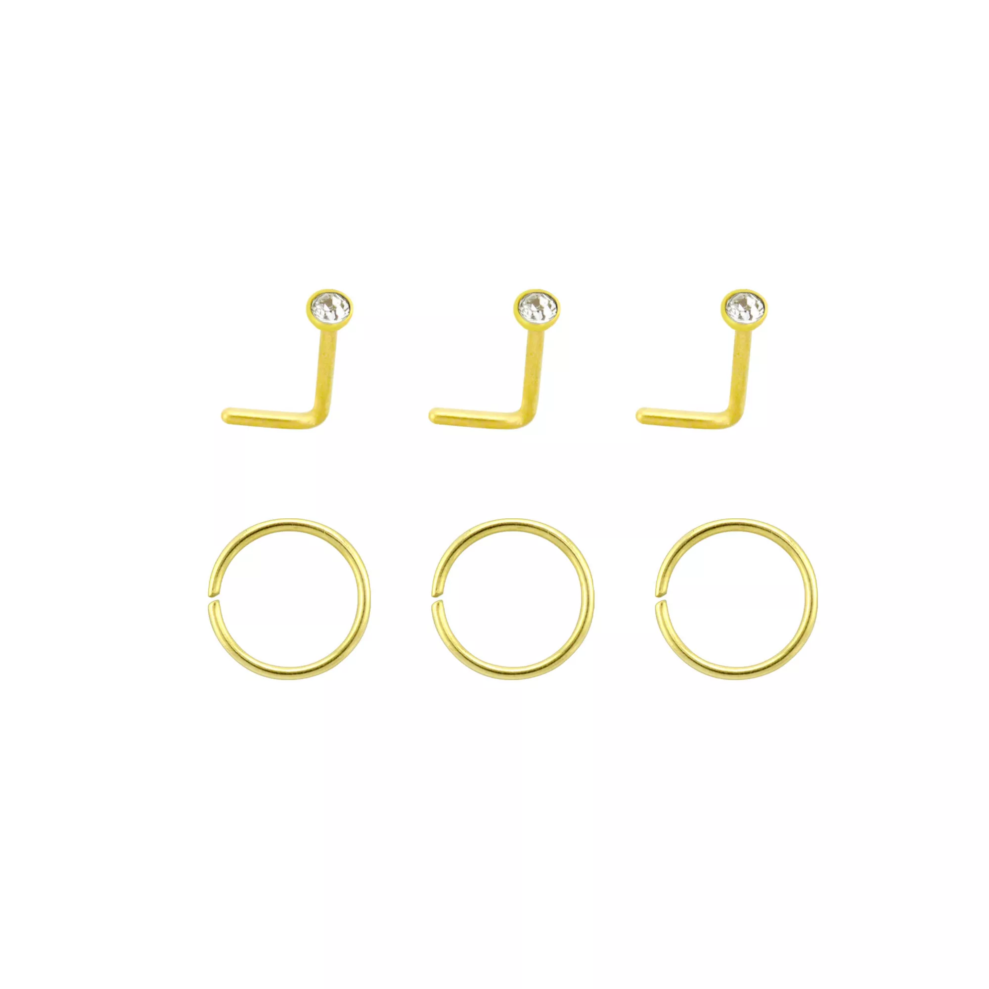 Multi-Pack Goldtone CZ L-Bend and Hoop Nose Rings 6 Pack - 20 Gauge at Spencer's