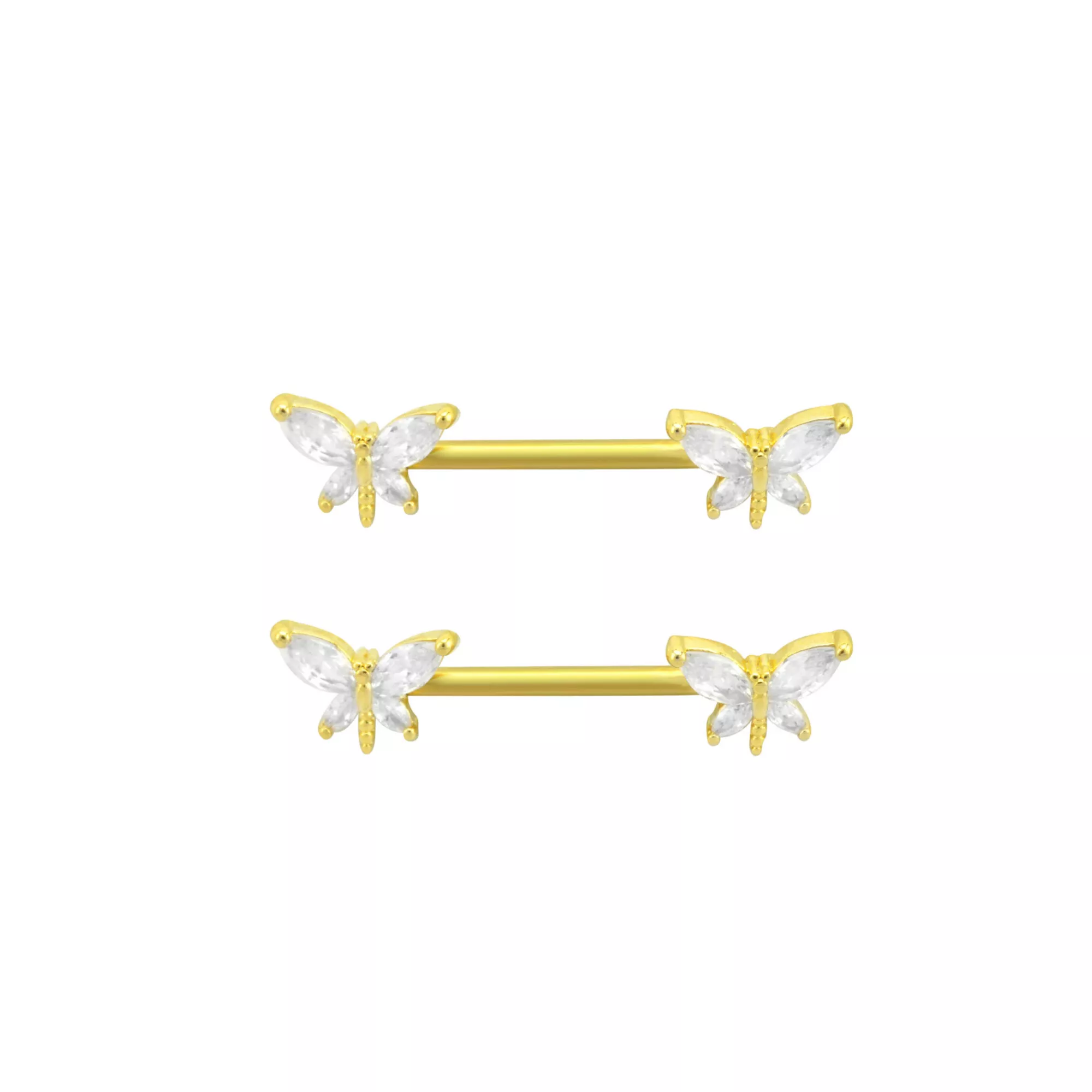 CZ Butterfly Goldtone Nipple Barbells - 14 Gauge