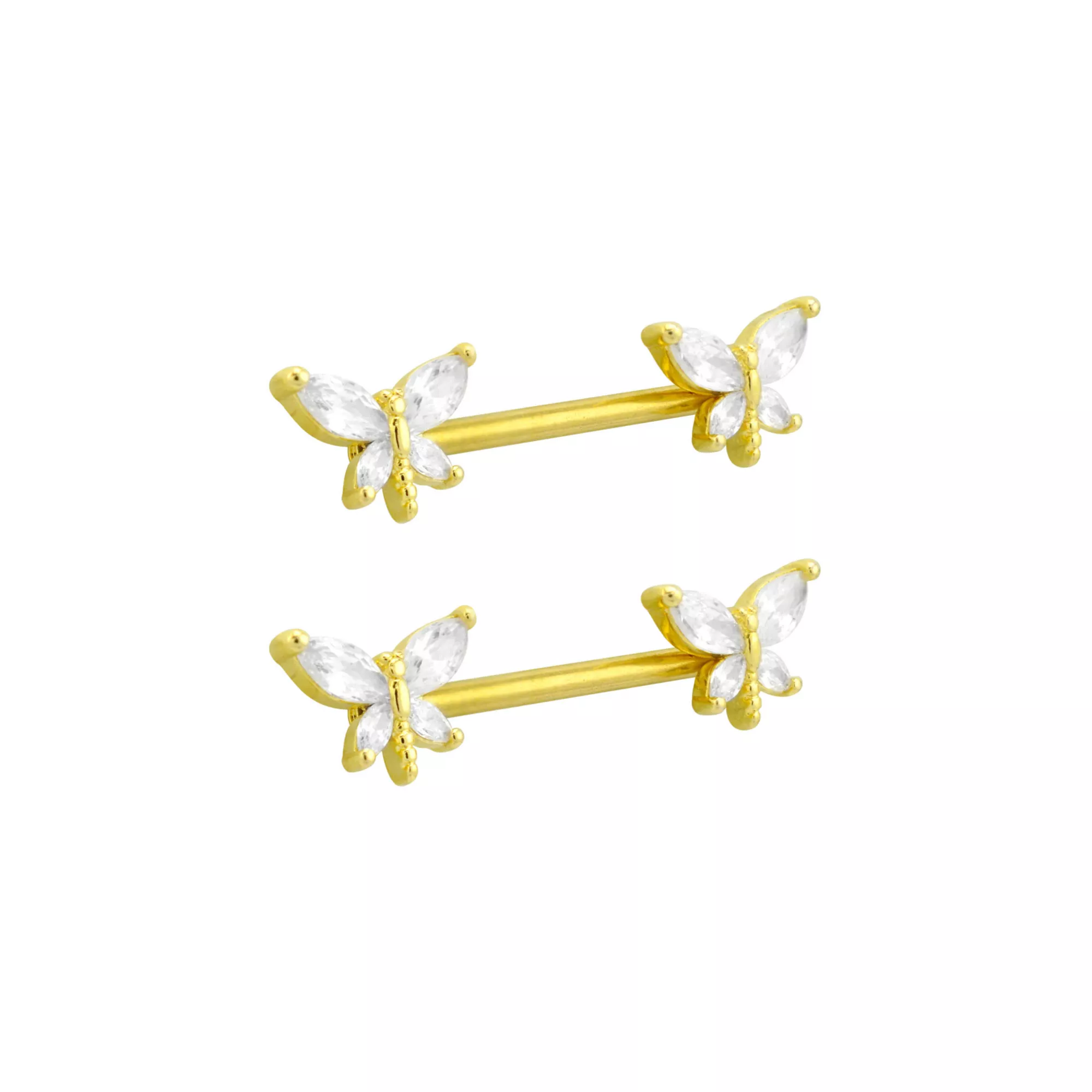 CZ Butterfly Goldtone Nipple Barbells - 14 Gauge at Spencer's