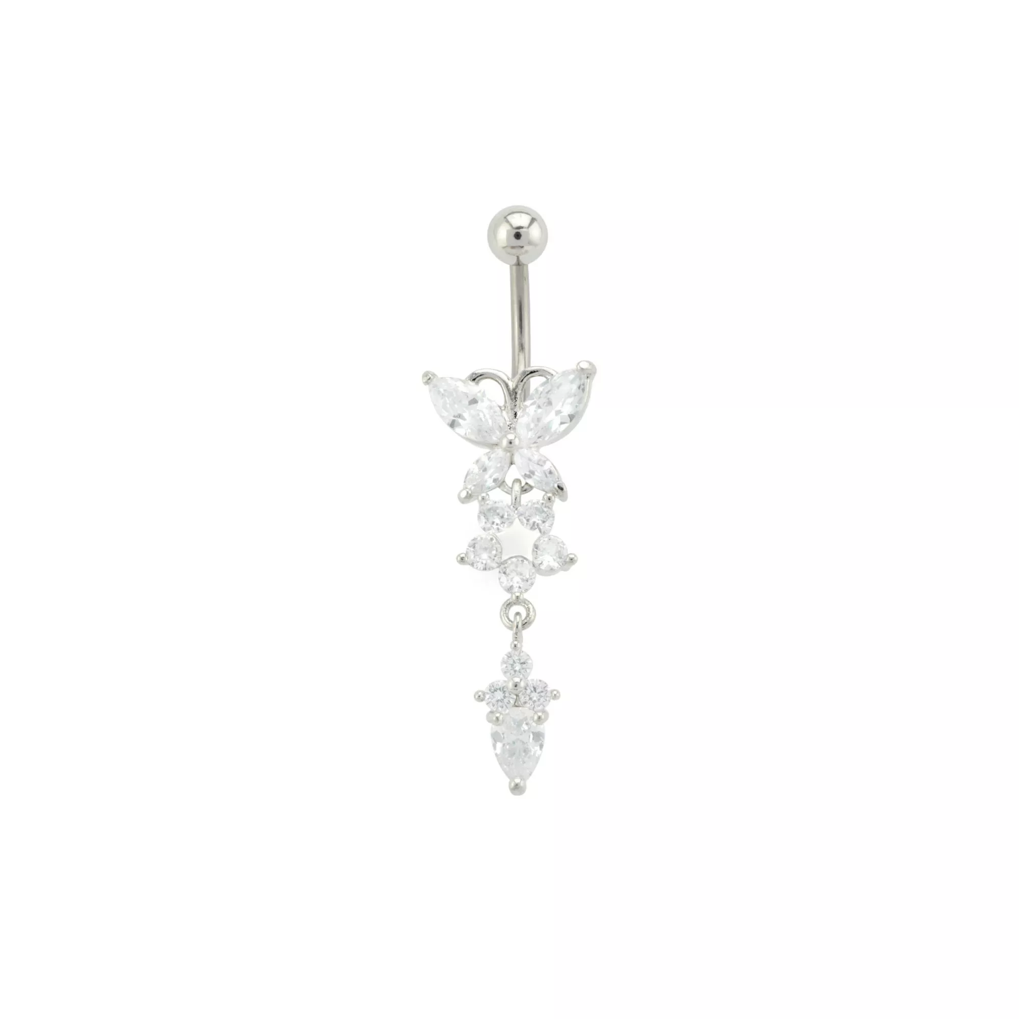 CZ Butterfly Flower Titanium Dangle Belly Ring - 14 Gauge