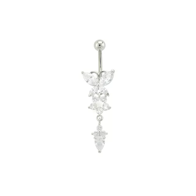 CZ Butterfly Flower Titanium Dangle Belly Ring - 14 Gauge