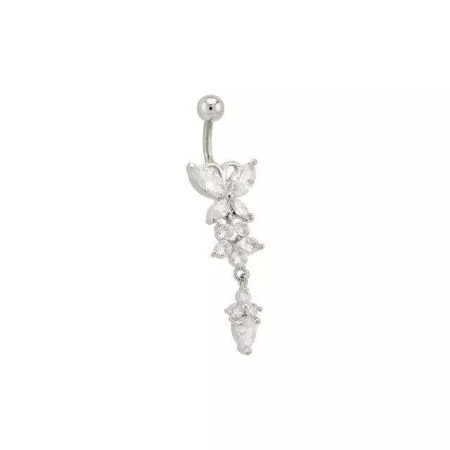 CZ Butterfly Flower Titanium Dangle Belly Ring - 14 Gauge