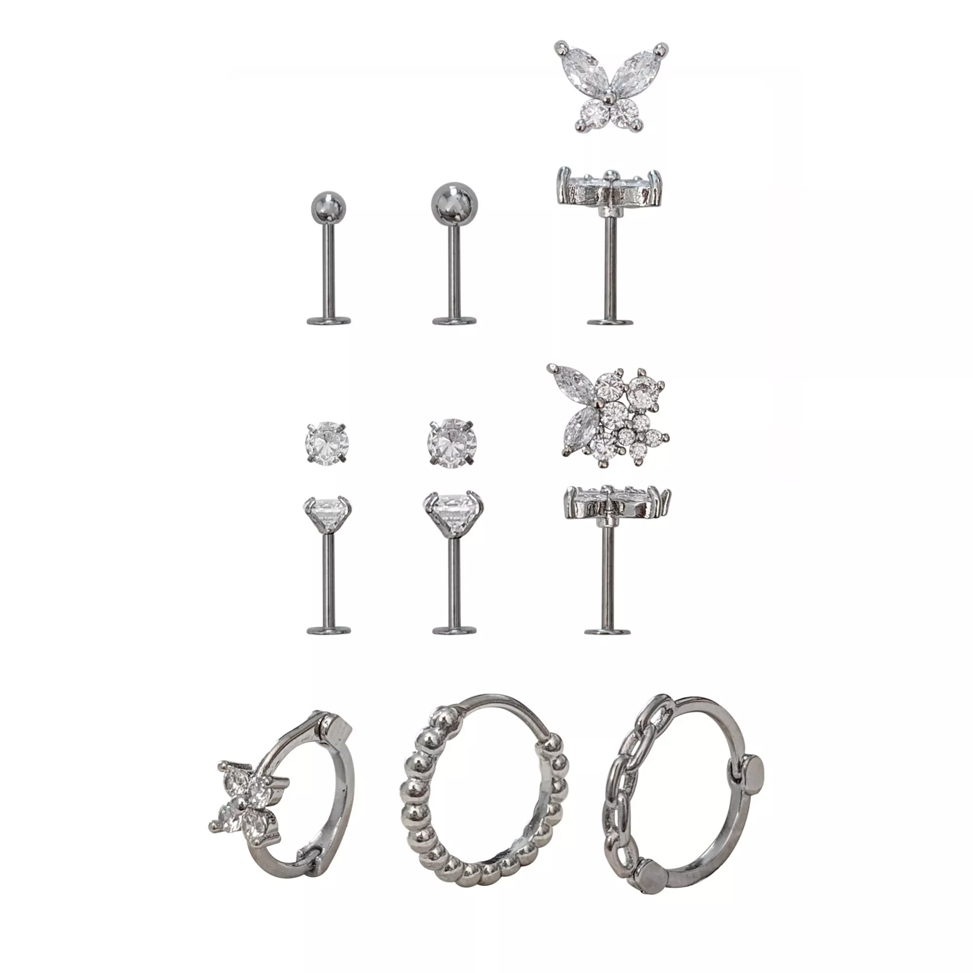 Multi-Pack CZ Silver-Plated Cartilage Earrings 9 Pack - 18 Gauge at Spencer's
