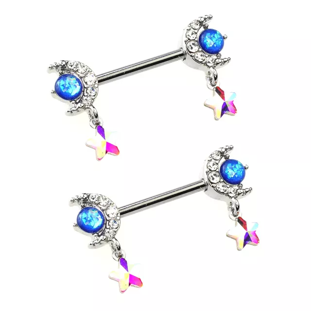 Silvertone Moon and Star Dangle Nipple Barbells - 14 Gauge at Spencer's