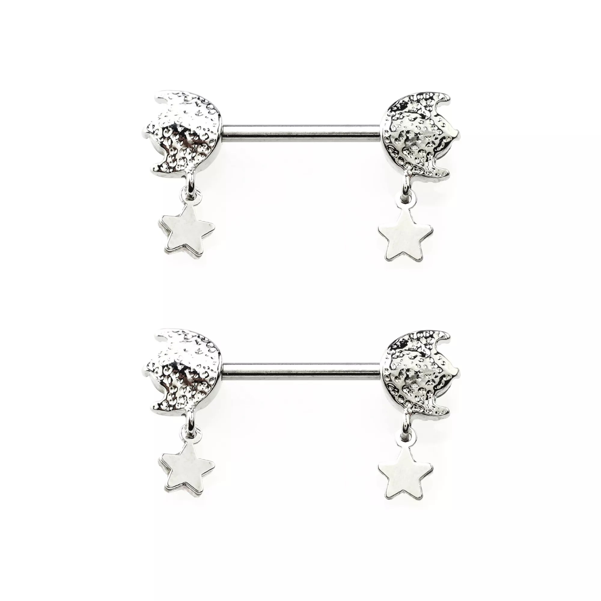 Silvertone Moon and Star Dangle Nipple Barbells - 14 Gauge at Spencer's