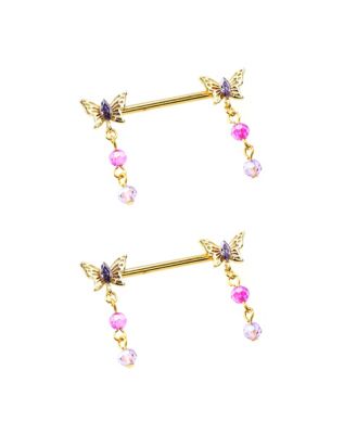 Blue CZ Goldtone Butterfly Dangle Nipple Barbells - 14 Gauge