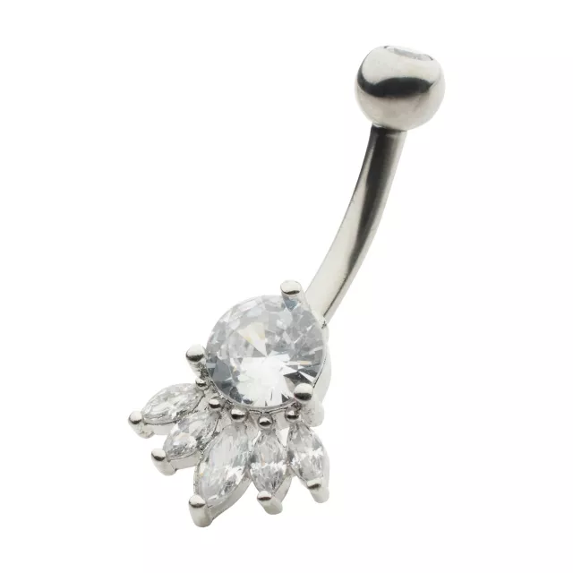 CZ Silvertone Multi Gem Belly Ring - 14 Gauge