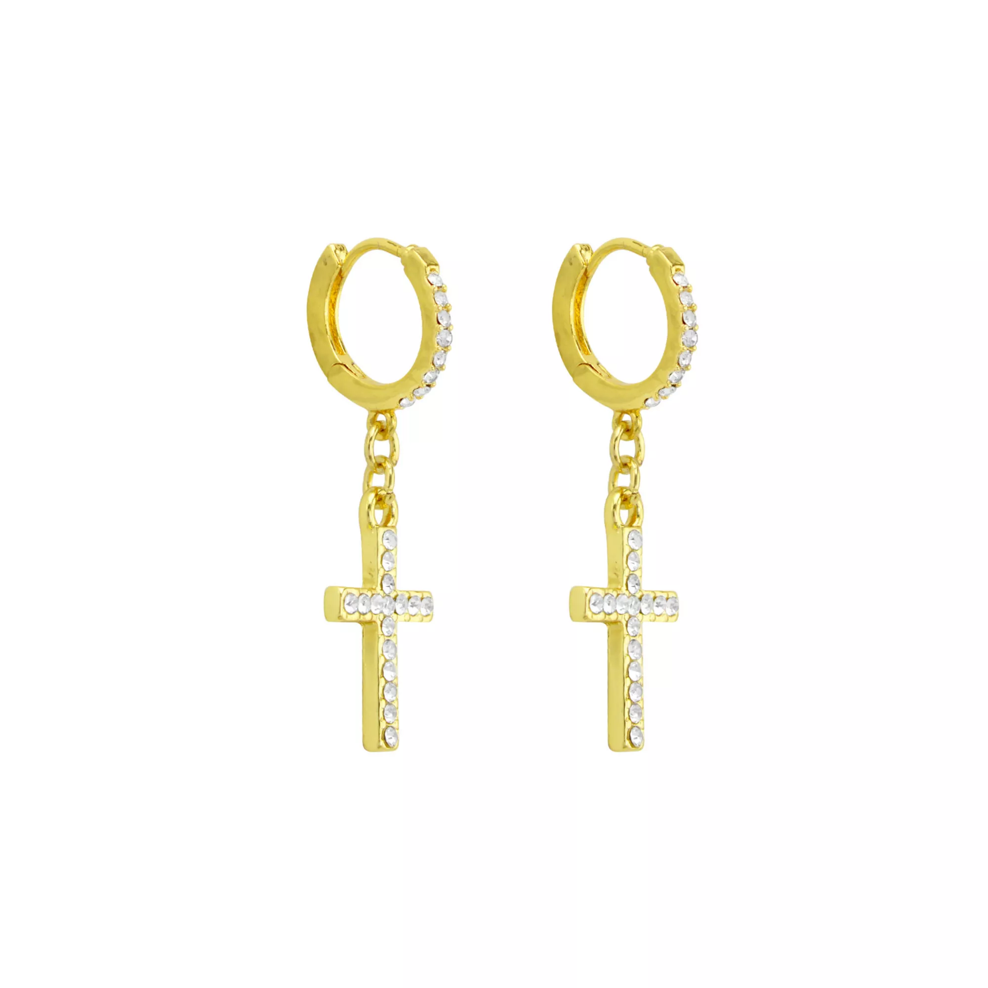 CZ Goldtone Titanium Cross Dangle Huggie Hoop Earrings at Spencer's