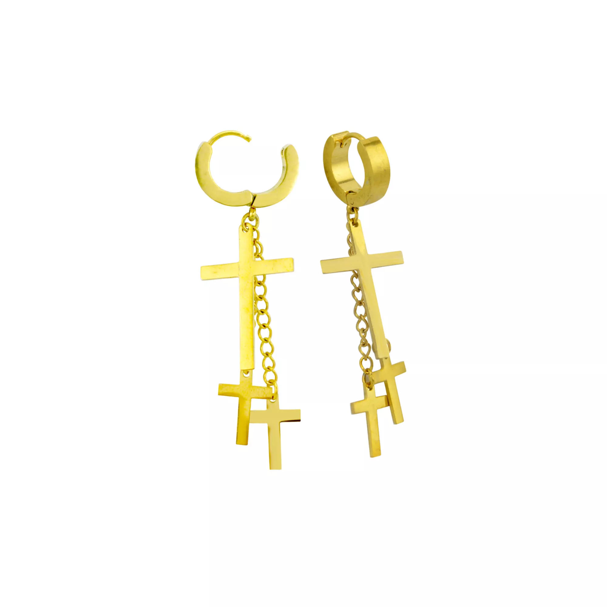 Goldtone Titanium Dual Cross Dangle Huggie Hoop Earrings at Spencer's