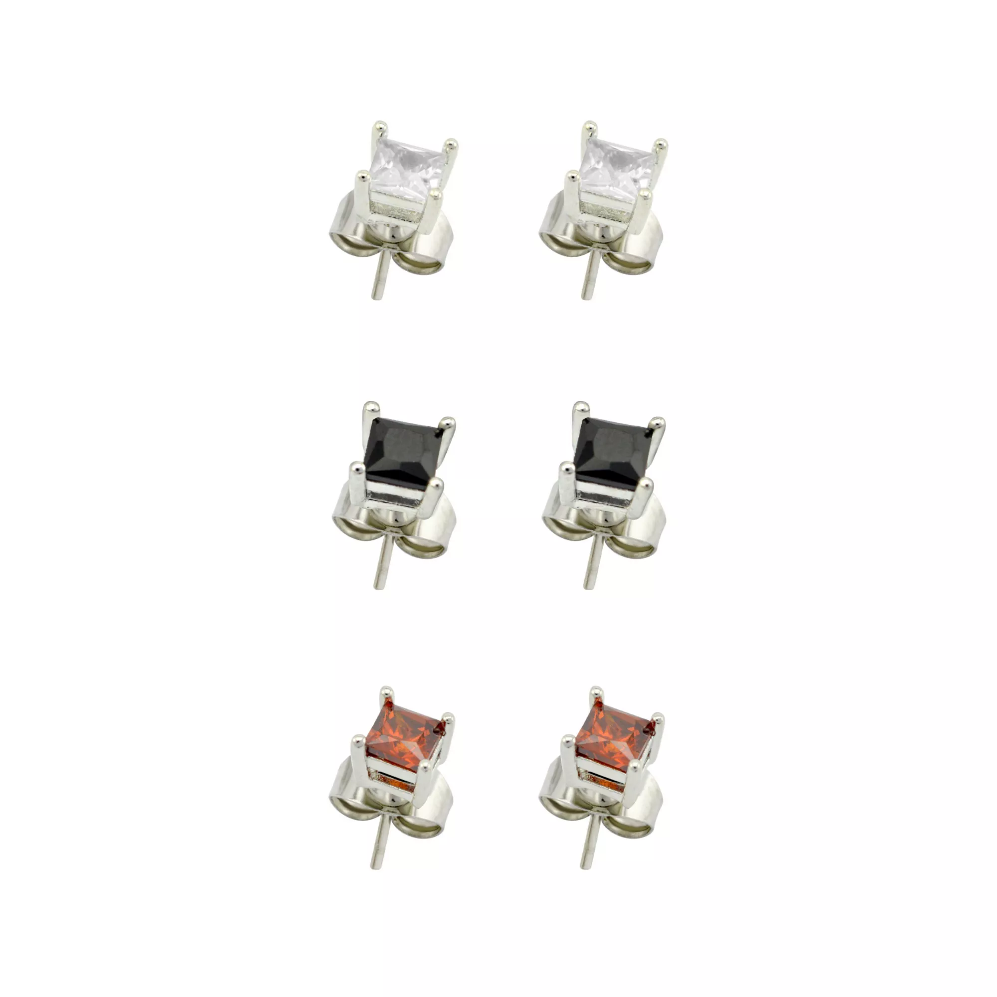 Multi-Pack CZ Clear Black and Red Square Stud Earrings - 3 Pair