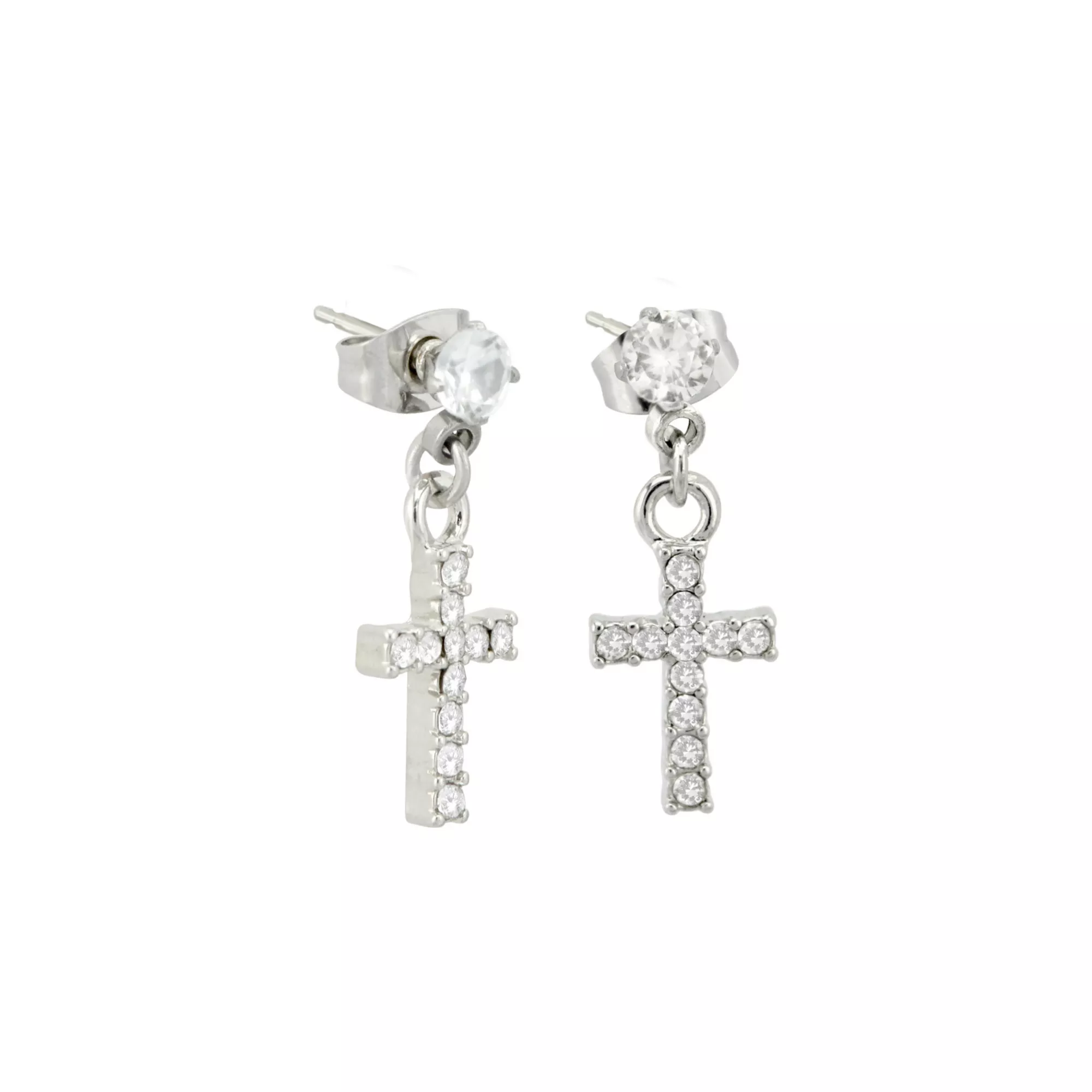 CZ Silvertone Titanium Cross Stud Dangle Earrings at Spencer's