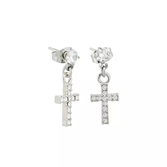 CZ Silvertone Titanium Cross Stud Dangle Earrings at Spencer's