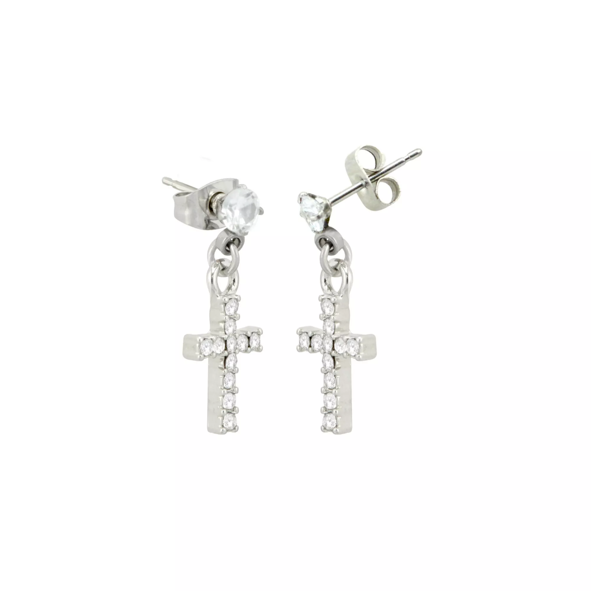 CZ Silvertone Titanium Cross Stud Dangle Earrings at Spencer's