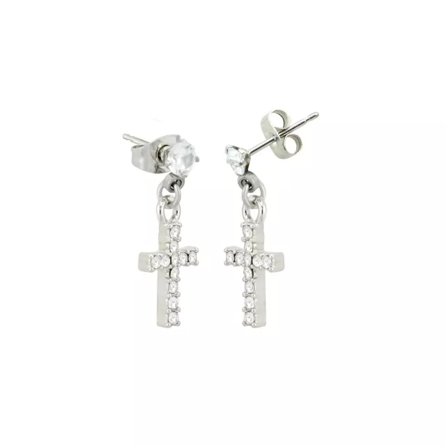 CZ Silvertone Titanium Cross Stud Dangle Earrings at Spencer's