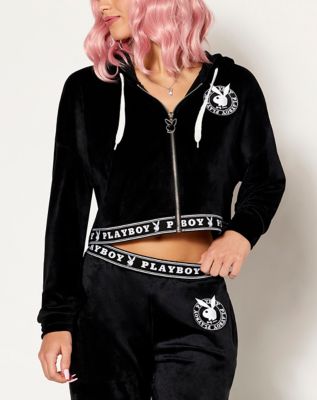 Black Playboy Velour Cropped Hoodie