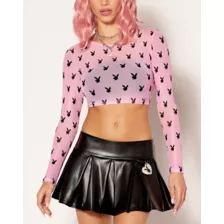 Pink Playboy Bunny All Over Print Mesh Long Sleeve T Shirt at Spencer's