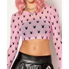 Pink Playboy Bunny All Over Print Mesh Long Sleeve T Shirt at Spencer's