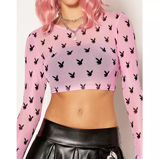 Pink Playboy Bunny All Over Print Mesh Long Sleeve T Shirt at Spencer's