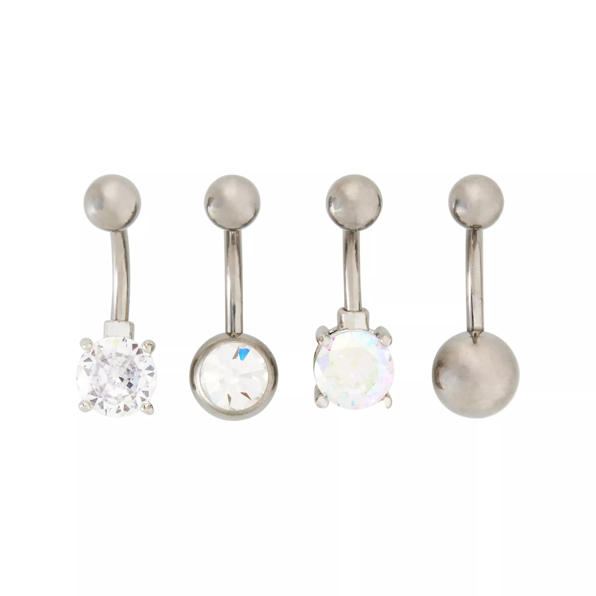 Multi-Pack Silver Titanium and Clear CZ Prong Belly Rings 4 Pack - 14 Gauge at Spencer's