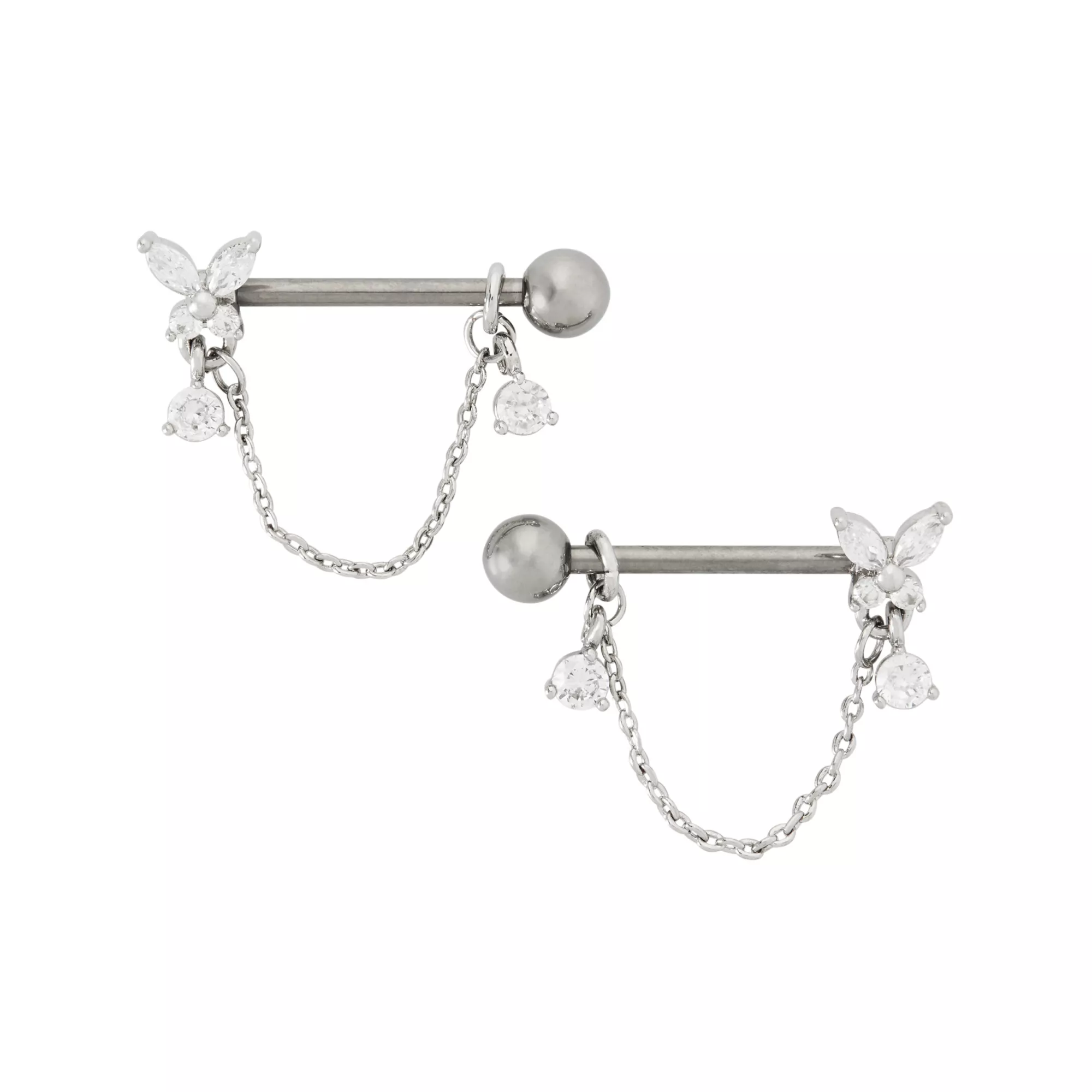 Titanium and CZ Butterfly Nipple Barbells - 14 Gauge at Spencer's