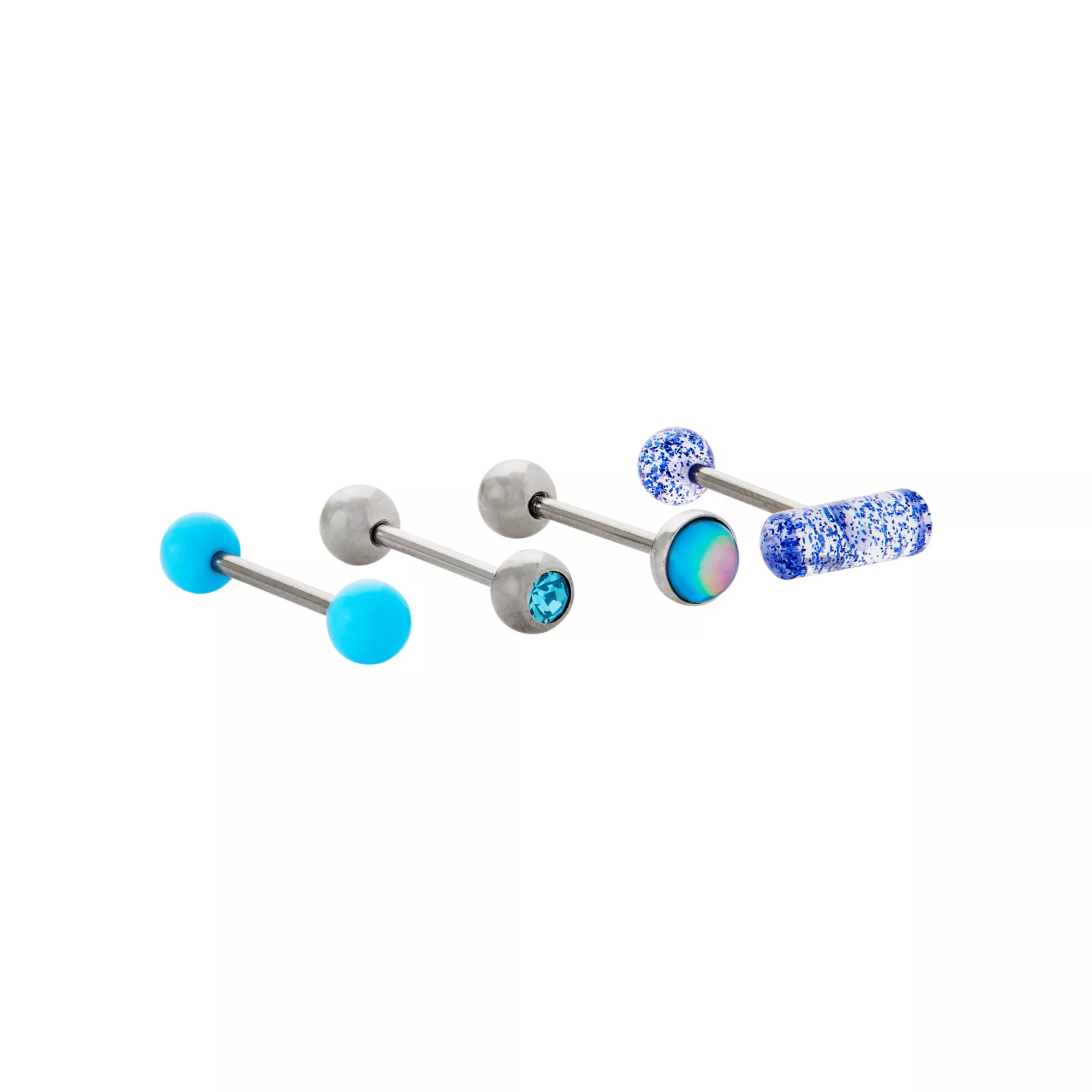 Multi-Pack Blue Glitter Pill Barbells 4 Pack - 14 Gauge at Spencer's