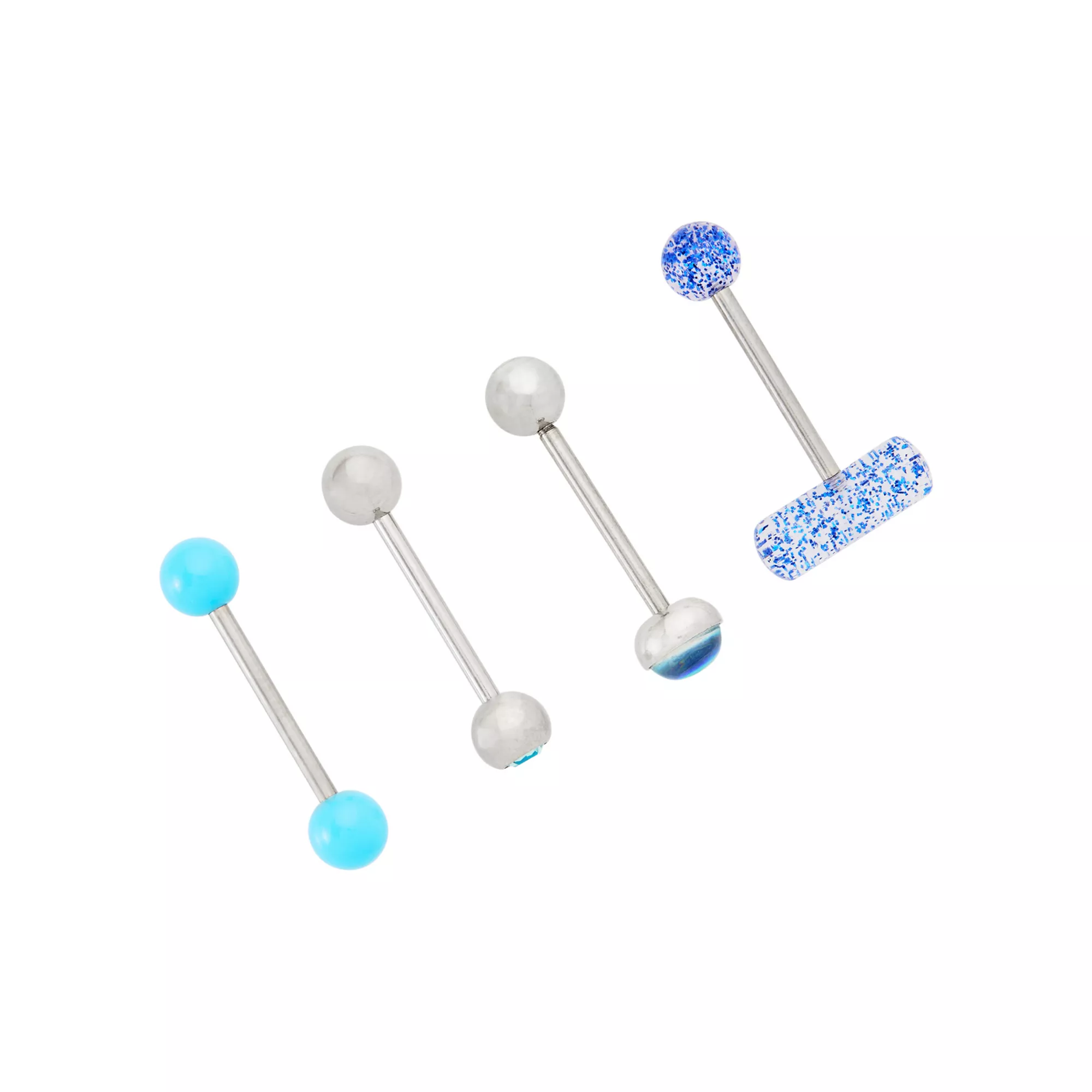 Multi-Pack Blue Glitter Pill Barbells 4 Pack - 14 Gauge at Spencer's