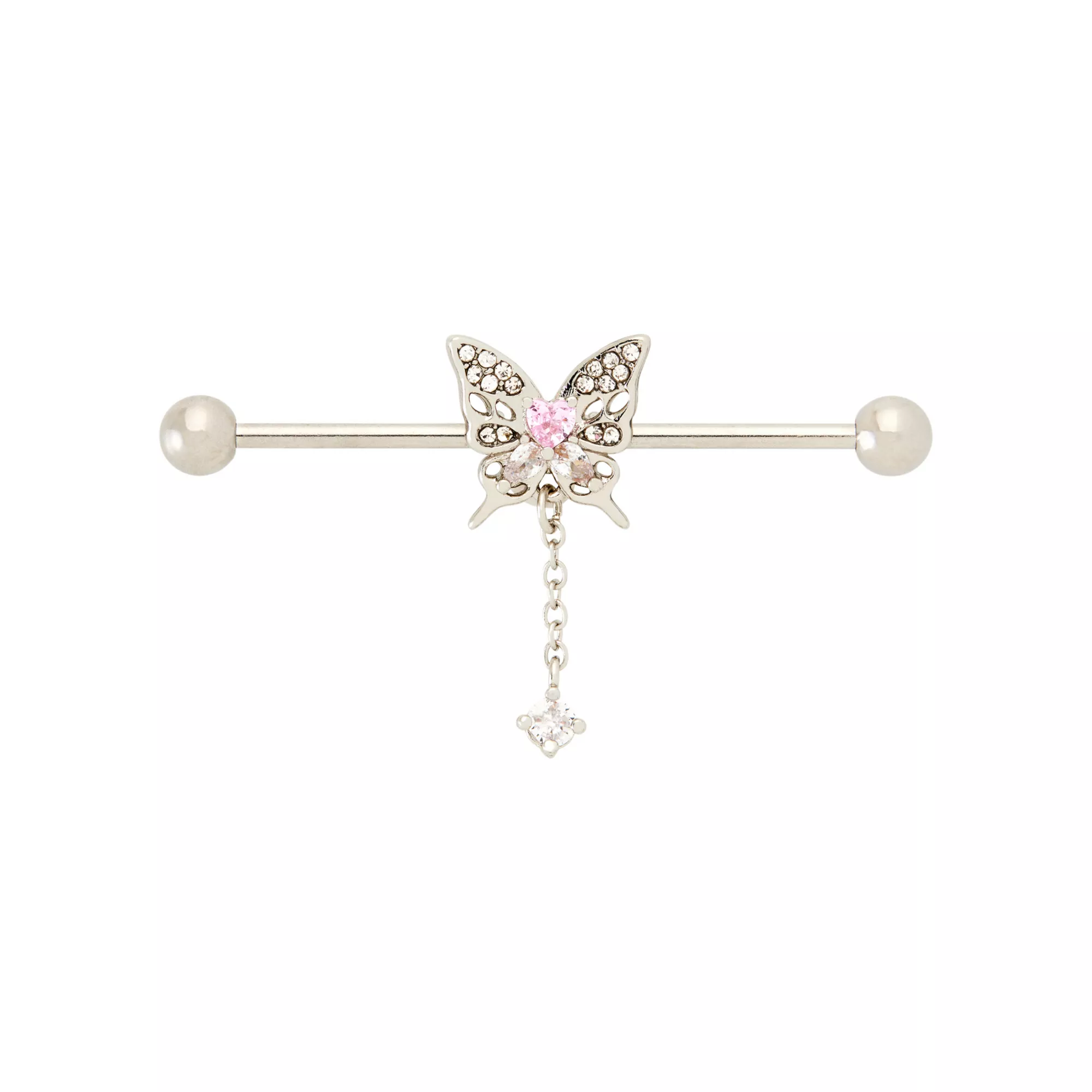 Pink CZ Butterfly Dangle Industrial Barbell - 14 Gauge at Spencer's