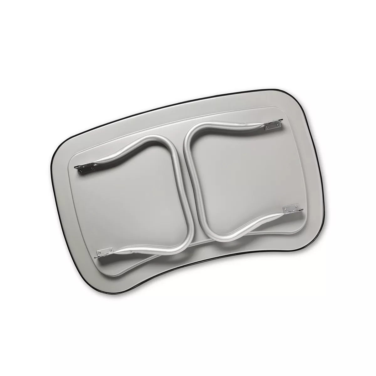 Underside view of light gray TV tray with metal foldable legs