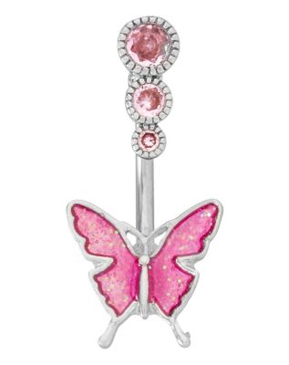 CZ Pink Butterfly Banana Belly Ring - 14 Gauge