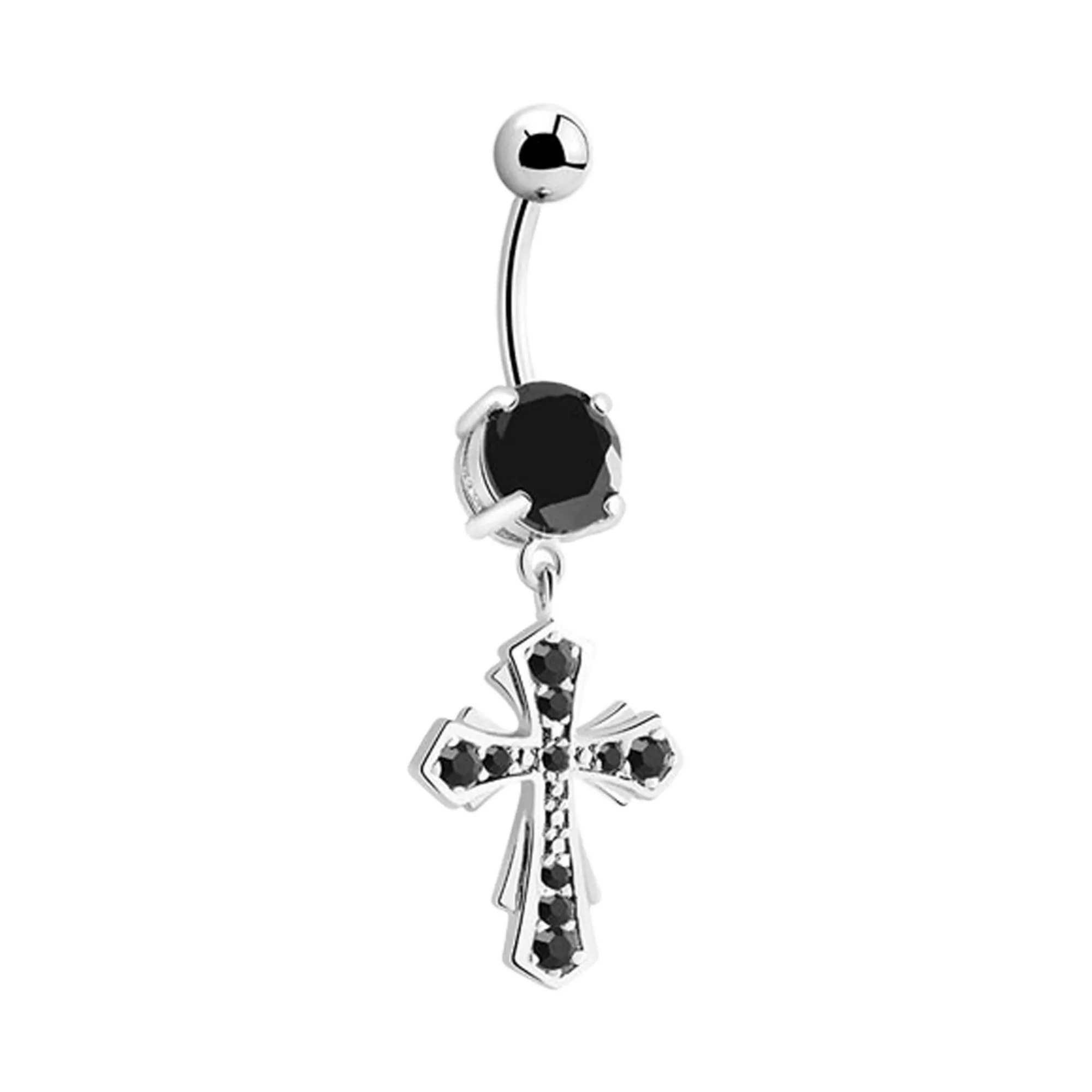 Black CZ Titanium Cross Pendant Belly Ring - 14 Gauge